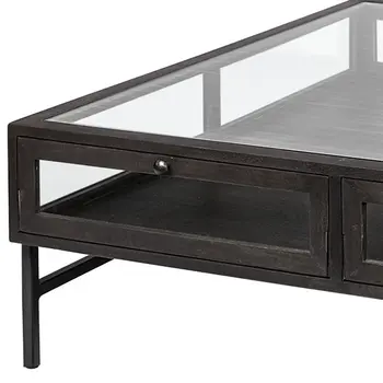 42" Brown and Black Glass and Metal Square Coffee Table With Two Drawers