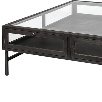 42" Brown and Black Glass and Metal Square Coffee Table With Two Drawers