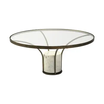 36" Antiqued Gold And White Glass Iron and Marble Round Pedestal Coffee Table