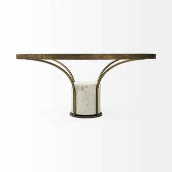 36" Antiqued Gold And White Glass Iron and Marble Round Pedestal Coffee Table