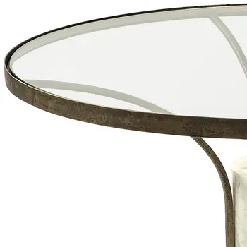 36" Antiqued Gold And White Glass Iron and Marble Round Pedestal Coffee Table