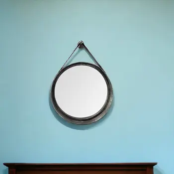 30" Black Round Metal Framed Rope Hanging Accent Mirror
