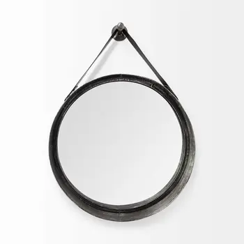 30" Black Round Metal Framed Rope Hanging Accent Mirror