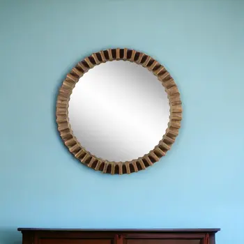 44" Brown Round Wood Framed Accent Mirror