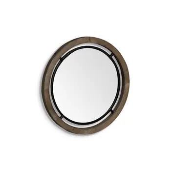 19" Brown And Black Metal And Wood Round Framed Accent Mirror