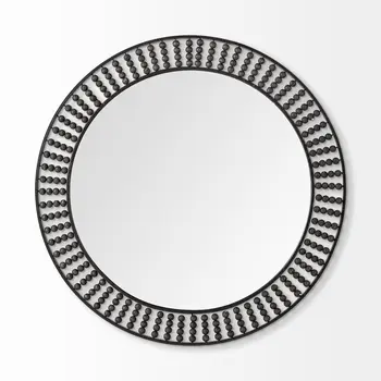 42" Round Black Metal Frame Wall Mirror With Wood Beads