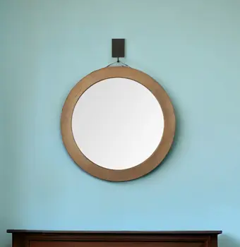 44" Brown Round Wood Framed Rope Hanging Accent Mirror