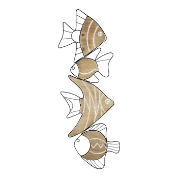 34" X 12" Natural and Black Fish Wood and Metal Hanging Dimensional Sculpture