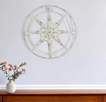 Nautical Compass Metal Wall Decor With Distressed White Finish
