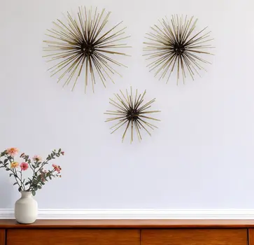 Set Of 3 Starburst Black And Gold Metal Wall Art