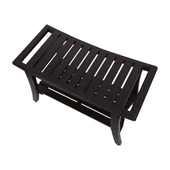 30" Dark Brown Teak Rectangular Shower Bench With Shelf