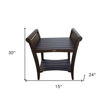 Rectangular Teak Shower Bench With Shelf And Handles In Brown Finish