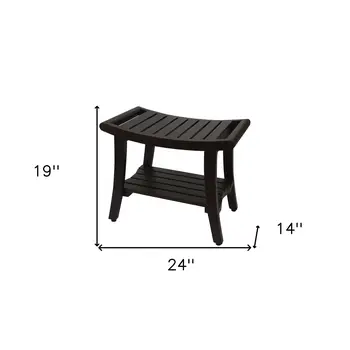 24" Dark Brown Freestanding Teak Shower Bench With Shelf And Handles