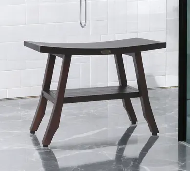 24" Dark Brown Teak Shower Bench With Shelf