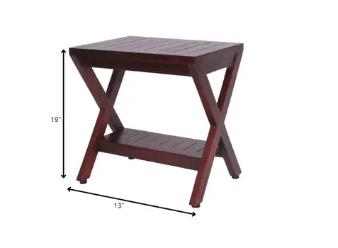 Compact X Shape Teak Shower Outdoor Bench With Shelf In Brown Finish