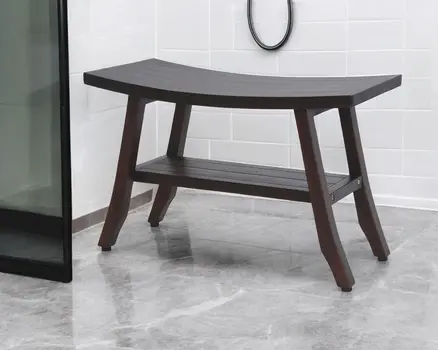 28" Dark Brown Teak Rectangular Shower Bench With Shelf