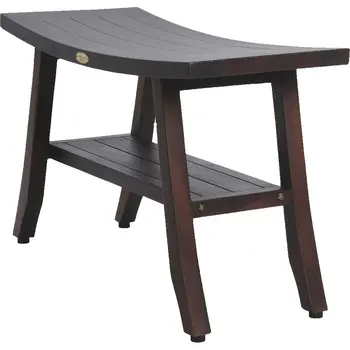 28" Dark Brown Teak Rectangular Shower Bench With Shelf