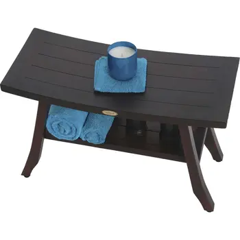 28" Dark Brown Teak Rectangular Shower Bench With Shelf