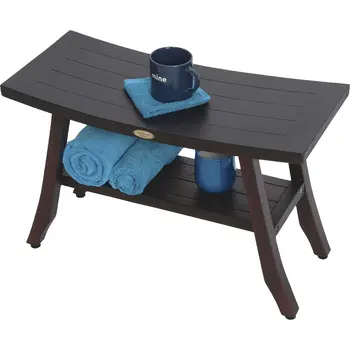 28" Dark Brown Teak Rectangular Shower Bench With Shelf
