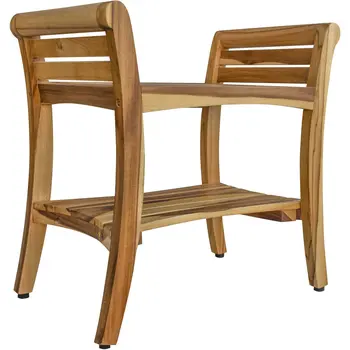 24" Natural Solid Teak Wood Shower Bench With Handles