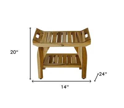 Compact Rectangular Teak Shower Bench With Handles In Natural Finish