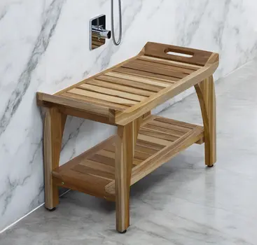 29" Teak Rectangular Shower Outdoor Bench With Handles In Natural Finish