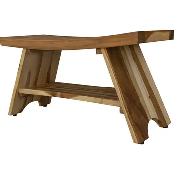 35" Teak Rectangular Shower Outdoor Bench With Shelf In Natural Finish