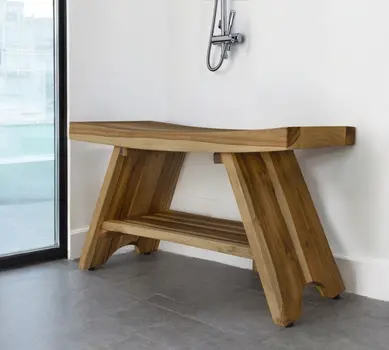 35" Teak Rectangular Shower Outdoor Bench With Shelf In Natural Finish