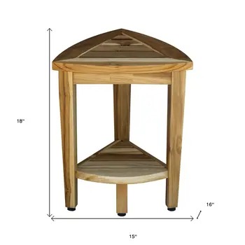 Compact Teak Corner Shower Or Outdoor Bench With Shelf In Natural Finish