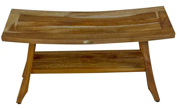 Compact Curvilinear Teak Shower Outdoor Bench With Shelf In Natural Finish