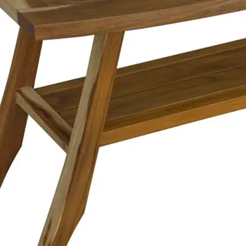 Compact Curvilinear Teak Shower Outdoor Bench With Shelf In Natural Finish
