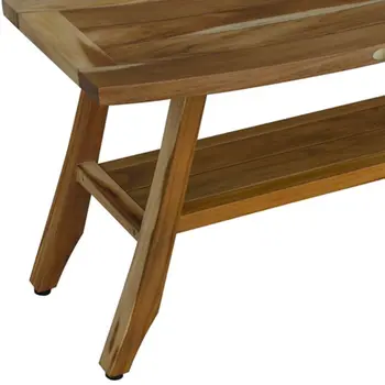Compact Curvilinear Teak Shower Outdoor Bench With Shelf In Natural Finish