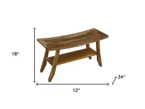 Compact Curvilinear Teak Shower Outdoor Bench With Shelf In Natural Finish