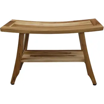 28" Natural Solid Teak Rectangular Shower Bench With Shelf