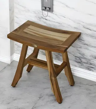 18" Teak Rectangular Shower Outdoor Bench With Shelf In Natural Finish