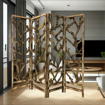 84" Brown Solid WoodFolding Four Panel Screen Room Divider