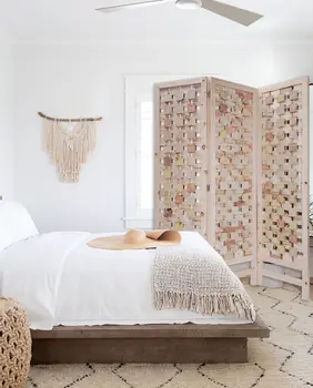 3 Panel Pink Room Divider With Cut Square Wood Design