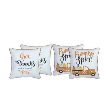 Set of Four 18" White Orange And Black Fabric Throw Pillow Covers