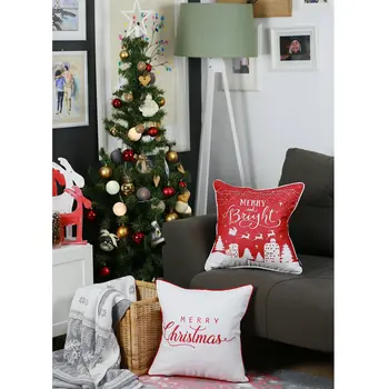 Set of Four 18" Red and White Fabrc Throw Pillow Covers