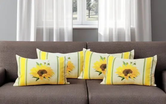 Set of Four 12" X 20" White And Yellow Pumpkin and Sunflowers Floral Fabric Lumbar Throw Pillow Covers
