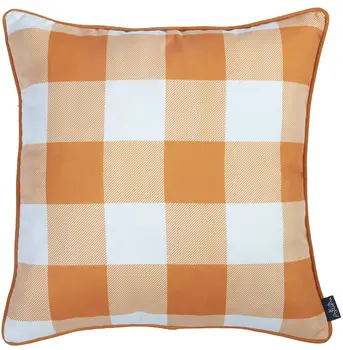 Set of Two 18" Orange And White Fall Plaid Fabric Throw Pillow Covers