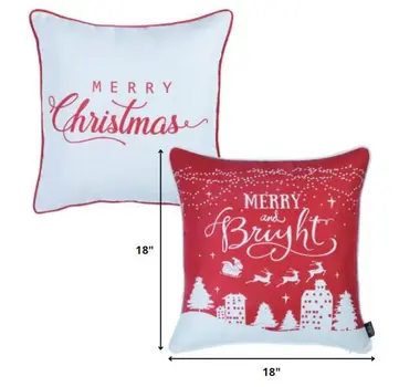 Set of Two 18" Red and White Fabrc Throw Pillow Covers