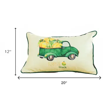 Set of Two 12" X 20" Green And White Pumpkin Truck Pumpkin Fabric Lumbar Throw Pillow Covers