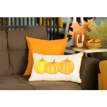 Set of Two 12" X 20" Yellow And White Fabric Lumbar Throw Pillow Covers