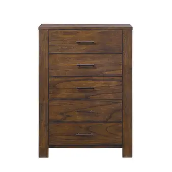 48" Oak Finish 5 Drawer Chest Dresser With Brass Metal Hardware