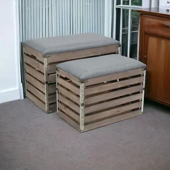 24" Gray and Brown Linen Upholstered Storage Bench with Flip Top