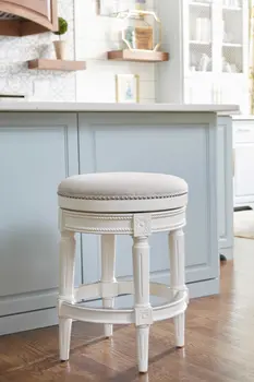 26" White Solid Wood and Fabric Backless Counter Height Swivel Bar Chair