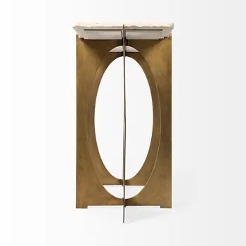 59" White and Gold Genuine Marble and Metal Geo Base Console Table