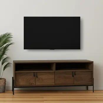 62" Brown and Black Solid Wood Cabinet Enclosed Storage TV Stand