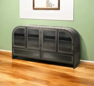 62" Dark Brown Iron Two Drawer Sideboard with Four Glass Doors
